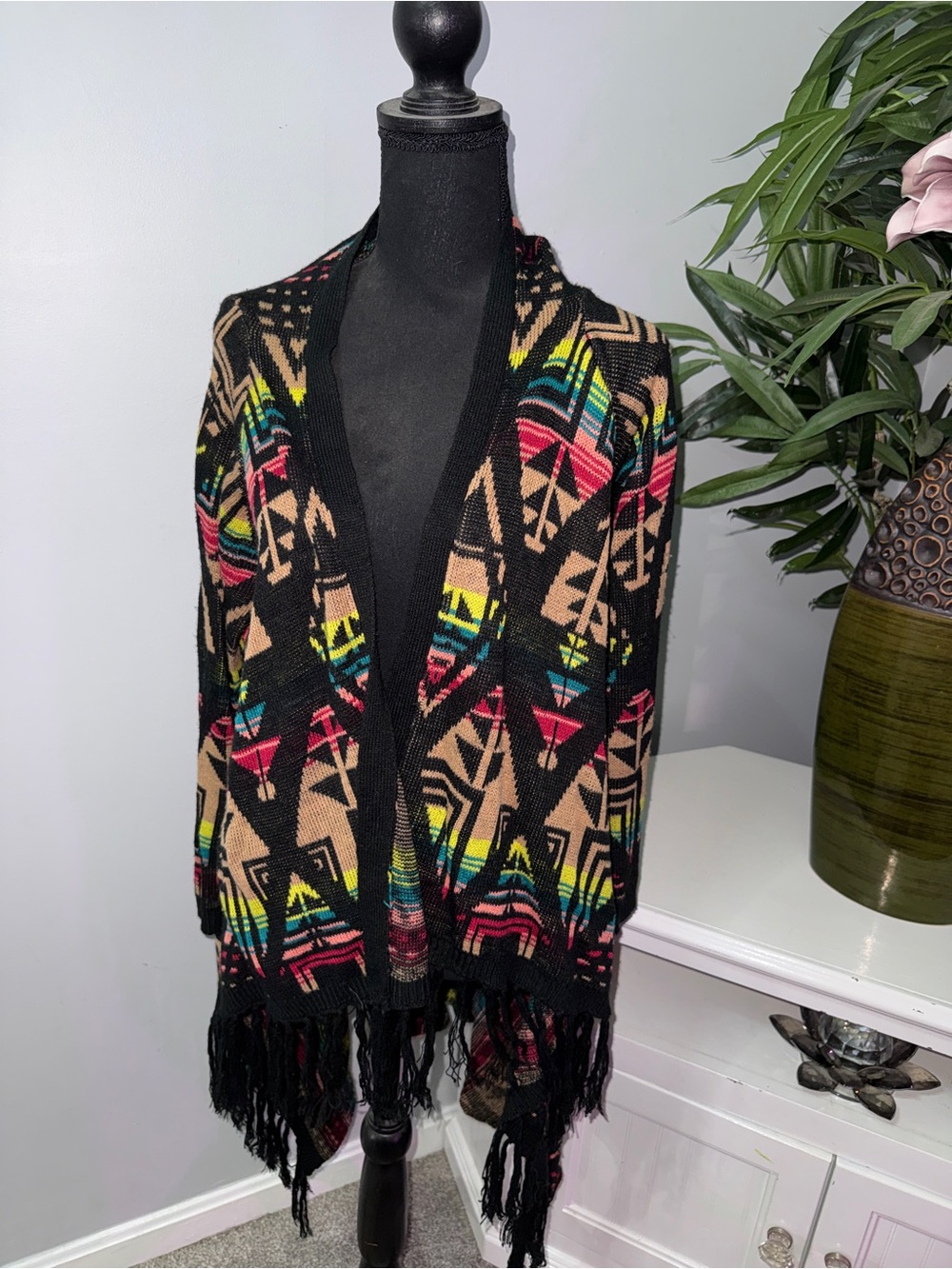 No Boundaries Black Geometric Fringe Open Cardigan with Tan, Pink & Teal Accents